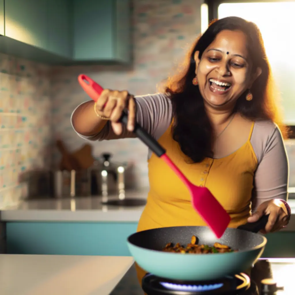 Szef kuchni używający silikonowej łopatki podczas mieszania na patelni