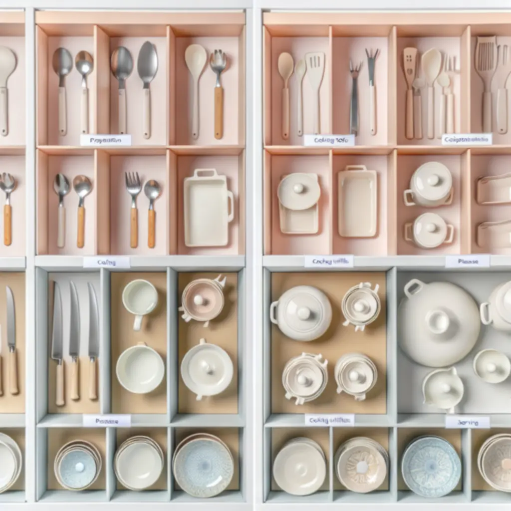 Przegląd różnych kategorii przyborów kuchennych ułożonych na stole