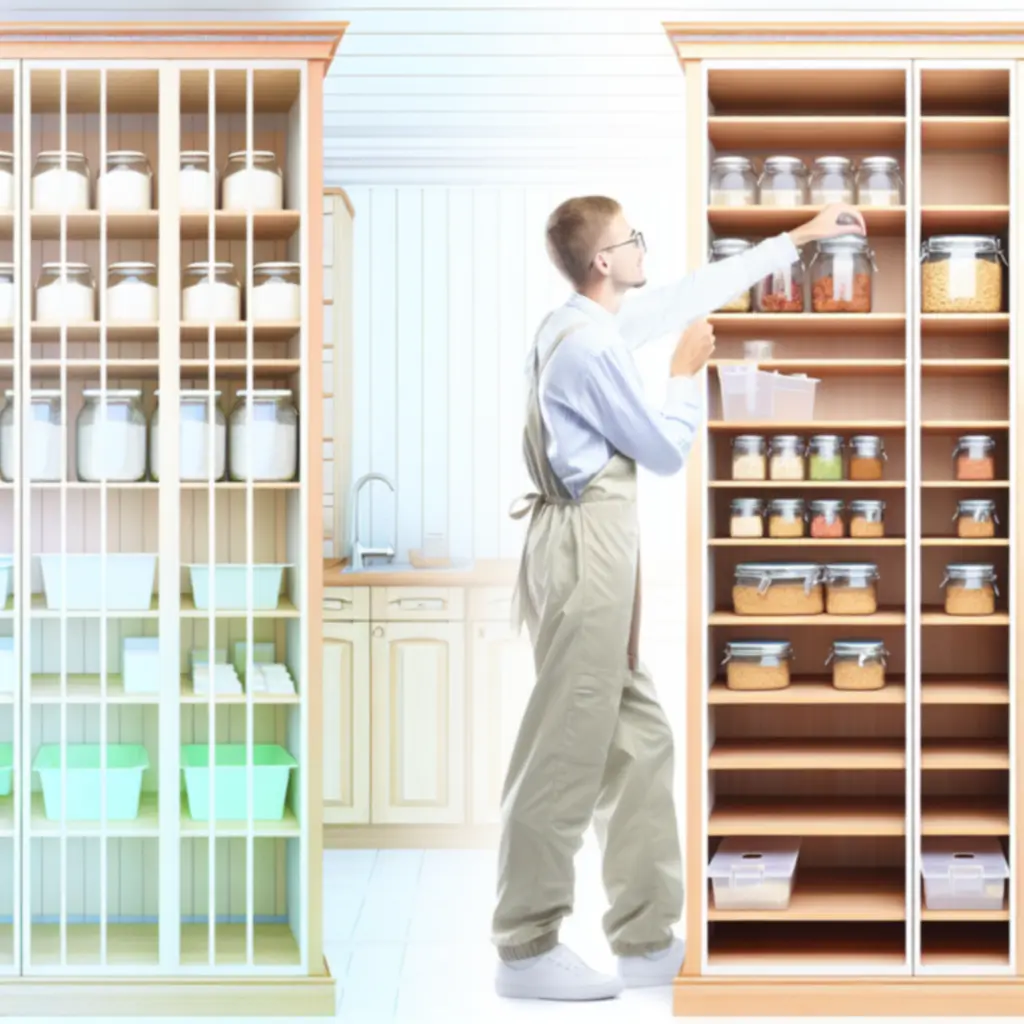 Zorganizowana spiżarnia z pojemnikami, półkami i koszami