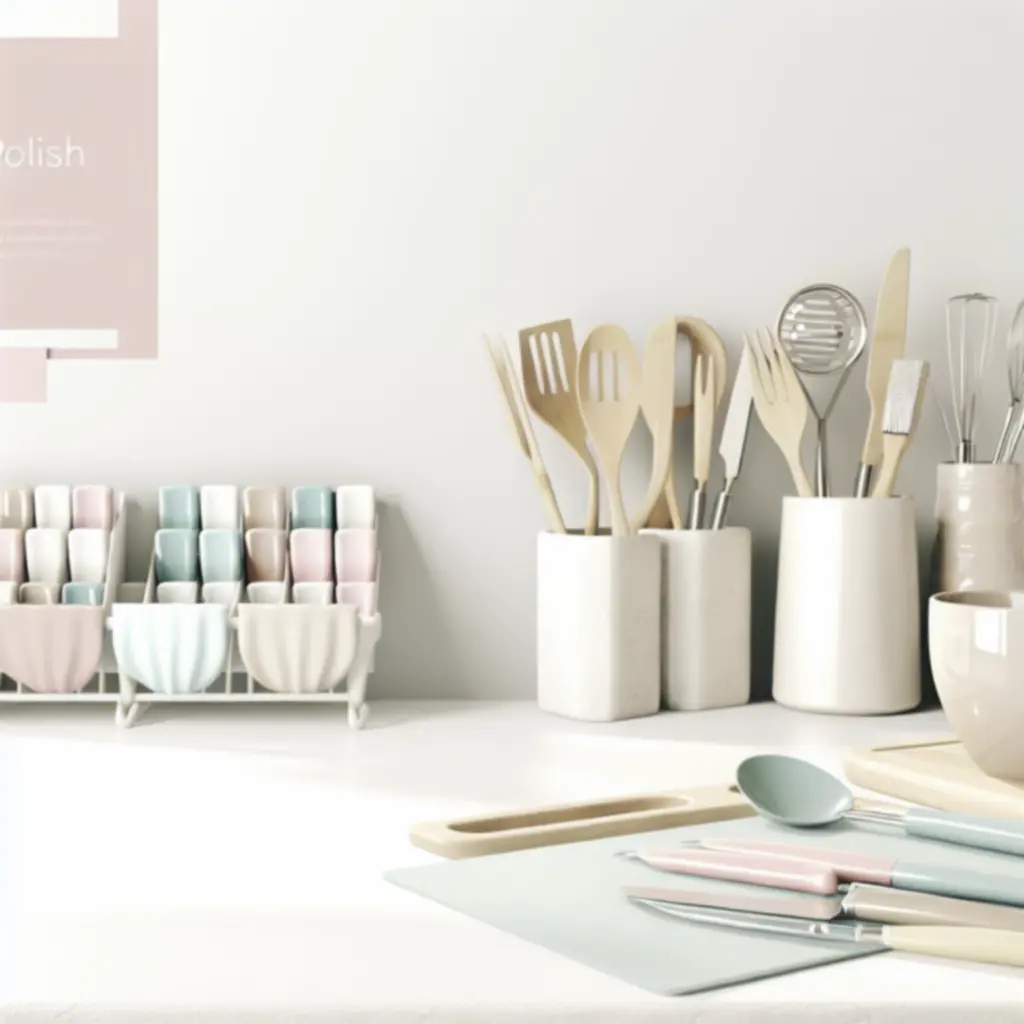 Estetyczna kuchnia z ułożonymi akcesoriami kuchennymi Cookyvaro na blacie.