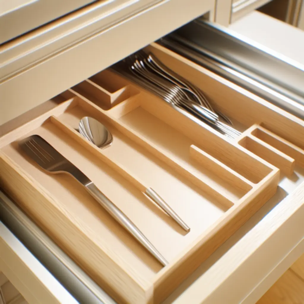 Wkład do szuflady z uporządkowanymi sztućcami i przyborami kuchennymi