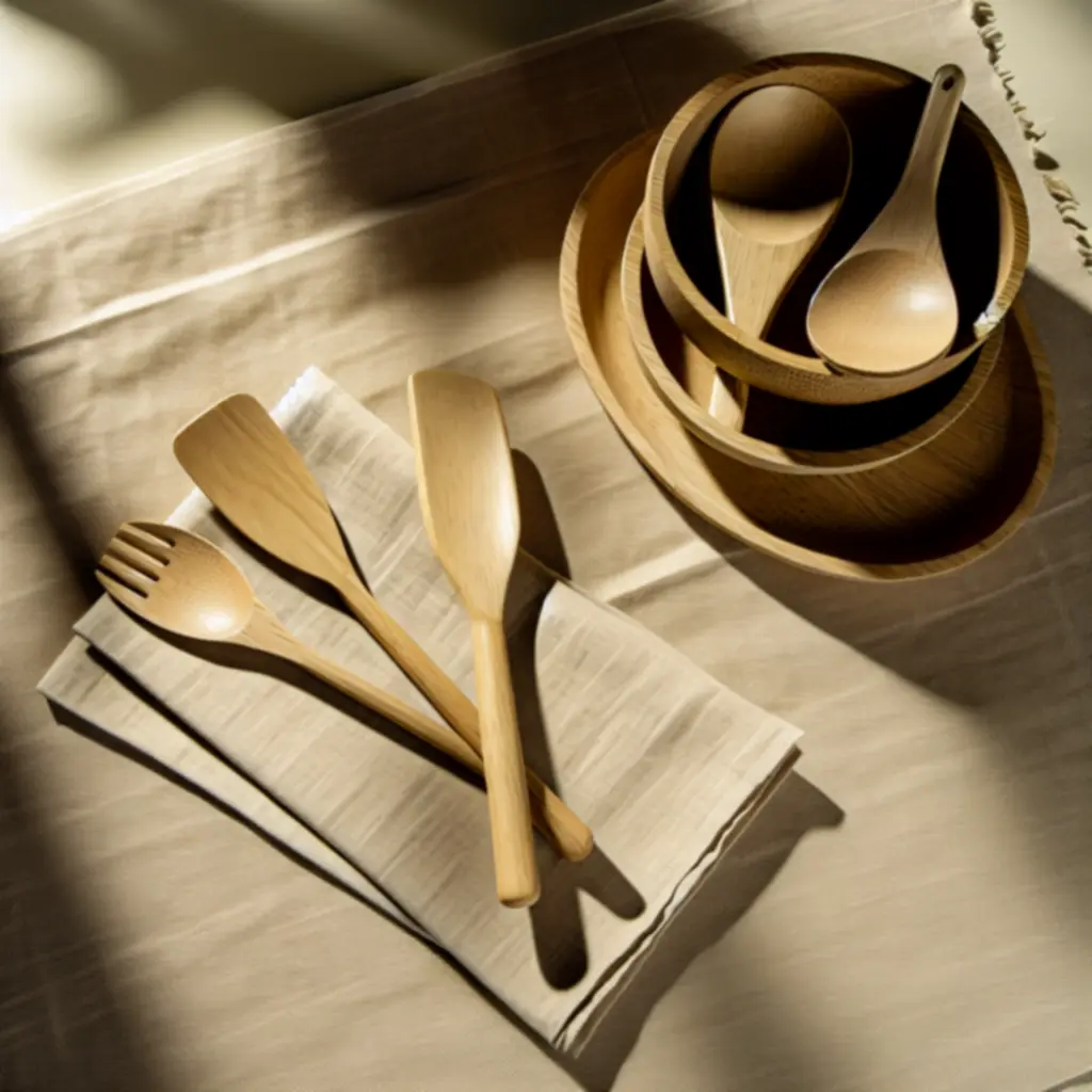 Drewniane, ekologiczne przybory kuchenne ułożone na lnianej ściereczce